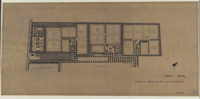 214950 Plattegrond van het ontworpen sportveldencomplex aan de 2e Polderweg te Utrecht.